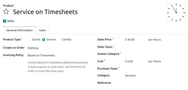 نمای یک محصول خدمات با سیاست صدور فاکتور تنظیم‌شده به 'Based on timesheets'.