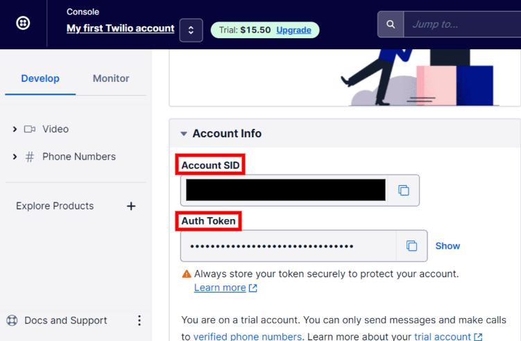 ``Account SID`` و ``Auth Token`` در Twilio را می‌توان زیر بخش ``Account Info`` یافت.