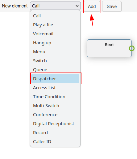 ویرایشگر بصری برای یک dial plan در Axivox، با هایلایت‌شدن Add و عنصر dispatcher.